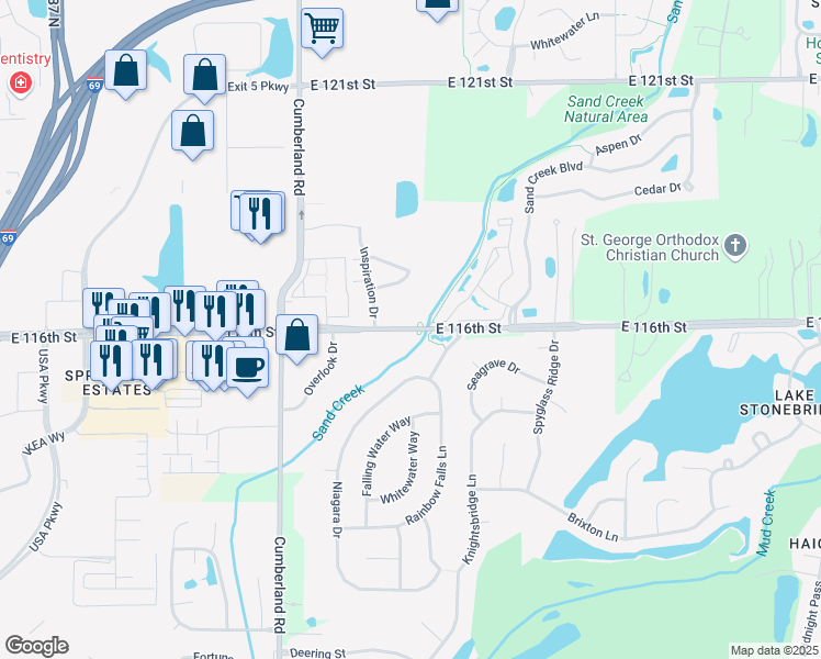 map of restaurants, bars, coffee shops, grocery stores, and more near 10005 East 116th Street in Fishers