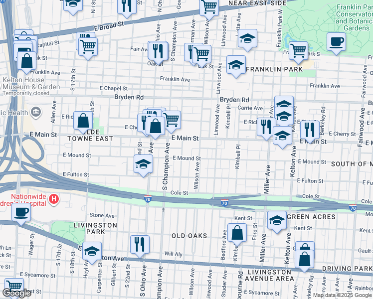 map of restaurants, bars, coffee shops, grocery stores, and more near 1179 East Main Street in Columbus