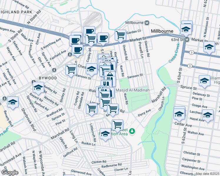 map of restaurants, bars, coffee shops, grocery stores, and more near 141 South 69th Street in Delaware County