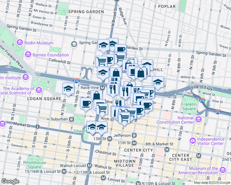 map of restaurants, bars, coffee shops, grocery stores, and more near 244 North 13th Street in Philadelphia