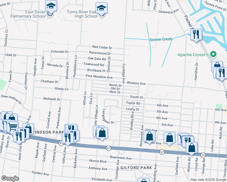 map of restaurants, bars, coffee shops, grocery stores, and more near 1970 New Street in Toms River