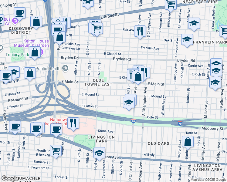 map of restaurants, bars, coffee shops, grocery stores, and more near 943 McAllister Avenue in Columbus