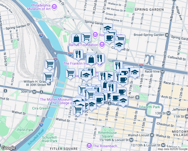 map of restaurants, bars, coffee shops, grocery stores, and more near in Philadelphia