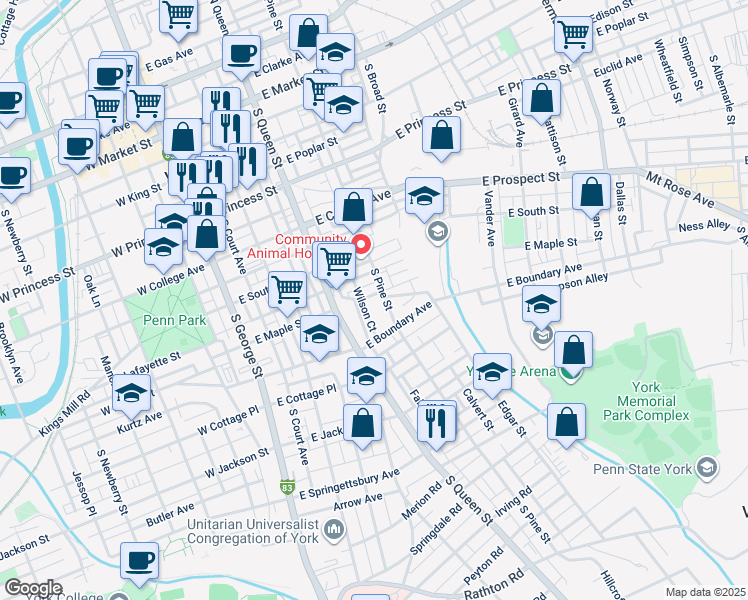 map of restaurants, bars, coffee shops, grocery stores, and more near 250 East Maple Street in York