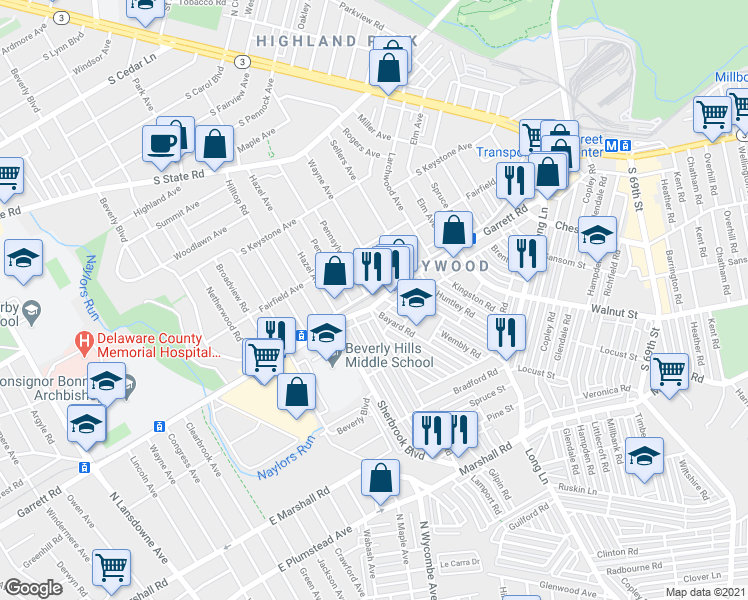 map of restaurants, bars, coffee shops, grocery stores, and more near 819 Garrett Road in Delaware County