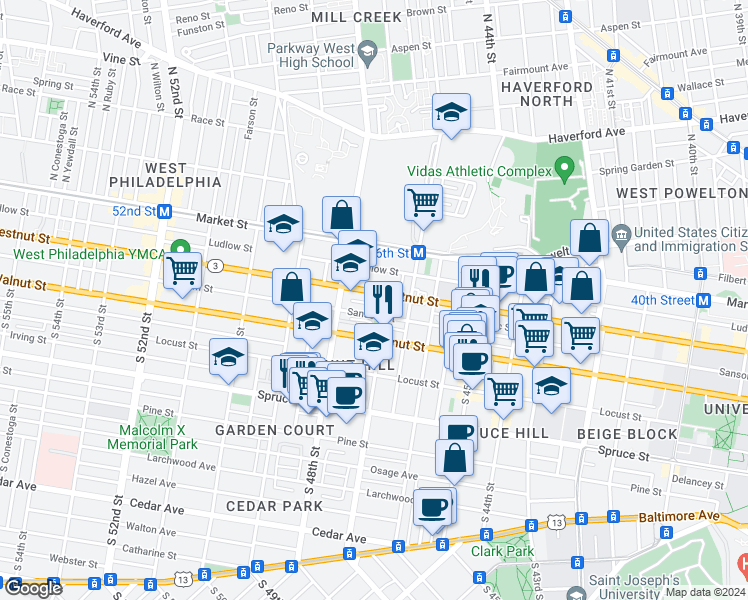 map of restaurants, bars, coffee shops, grocery stores, and more near 4710 Chestnut Street in Philadelphia