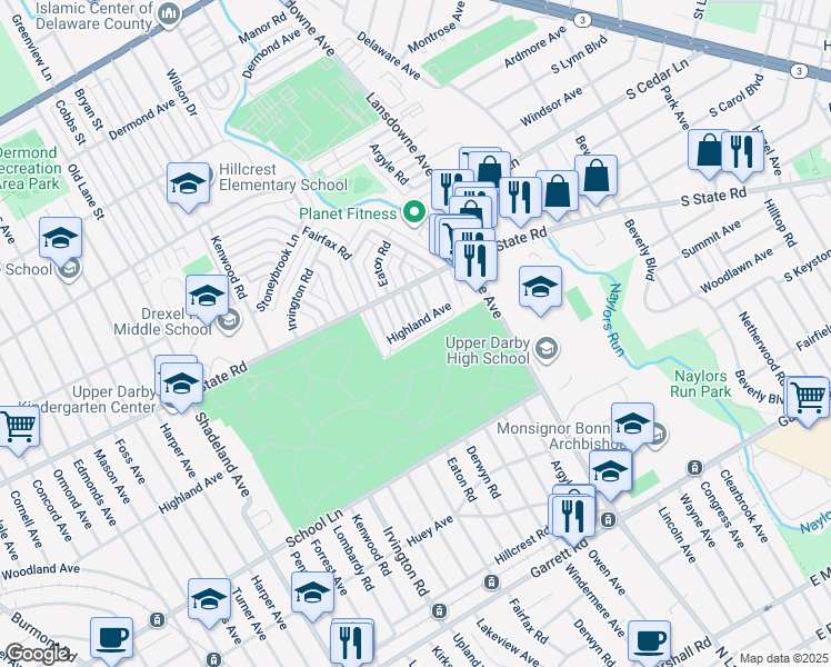 map of restaurants, bars, coffee shops, grocery stores, and more near 2346 Highland Avenue in Drexel Hill