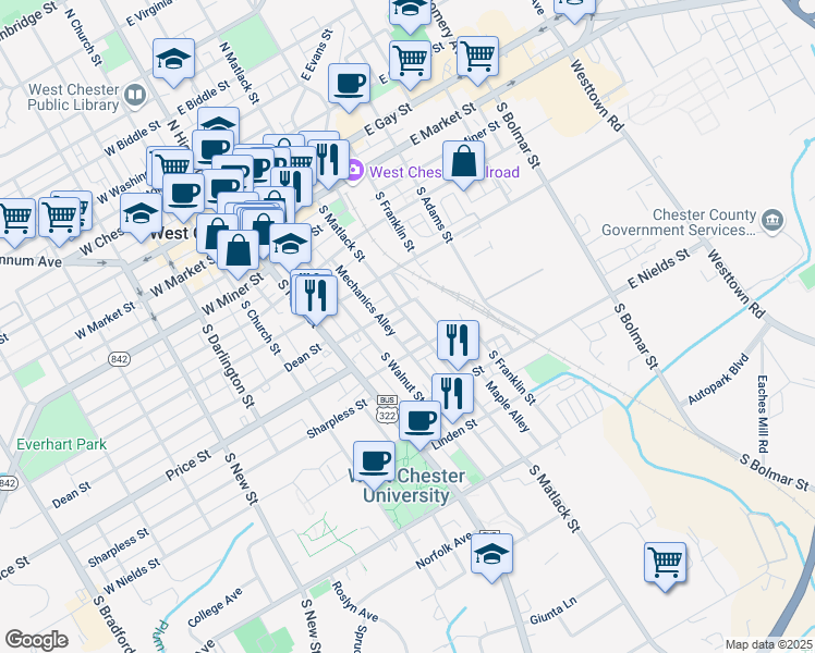 map of restaurants, bars, coffee shops, grocery stores, and more near 418 South Matlack Street in West Chester