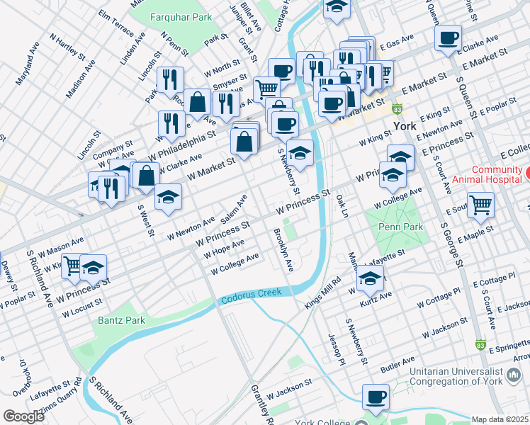 map of restaurants, bars, coffee shops, grocery stores, and more near 155 South Penn Street in York