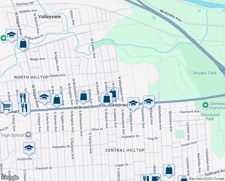 map of restaurants, bars, coffee shops, grocery stores, and more near 72 North Wayne Avenue in Columbus