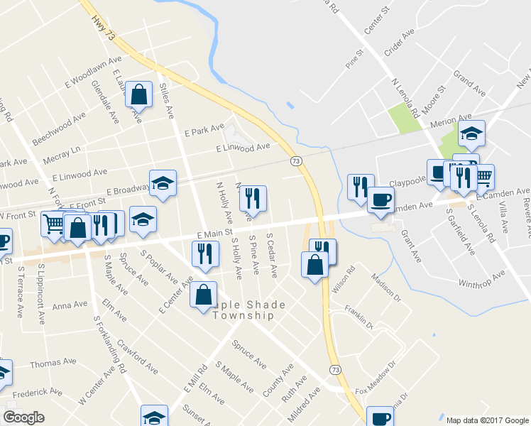 map of restaurants, bars, coffee shops, grocery stores, and more near 20 North Cedar Avenue in Maple Shade