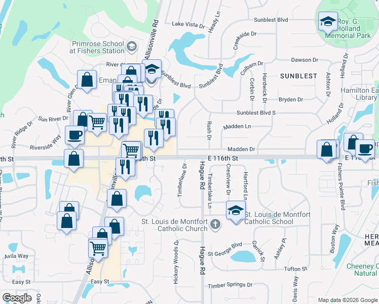 map of restaurants, bars, coffee shops, grocery stores, and more near 7407 Madden Drive in Fishers