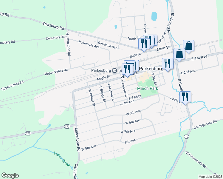 map of restaurants, bars, coffee shops, grocery stores, and more near 109 Chestnut Street in Parkesburg