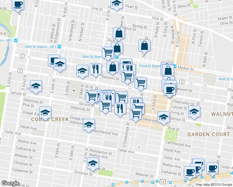 map of restaurants, bars, coffee shops, grocery stores, and more near 5538 Chancellor Street in Philadelphia
