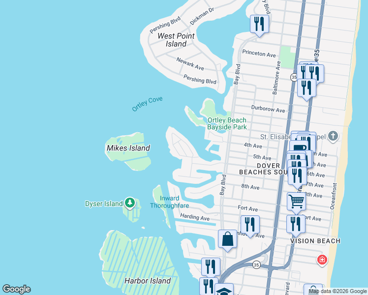 map of restaurants, bars, coffee shops, grocery stores, and more near 5 Spindrift Road in Seaside Heights