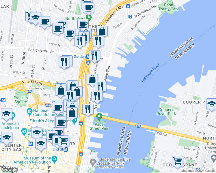 map of restaurants, bars, coffee shops, grocery stores, and more near 401 N Delaware Ave in Philadelphia