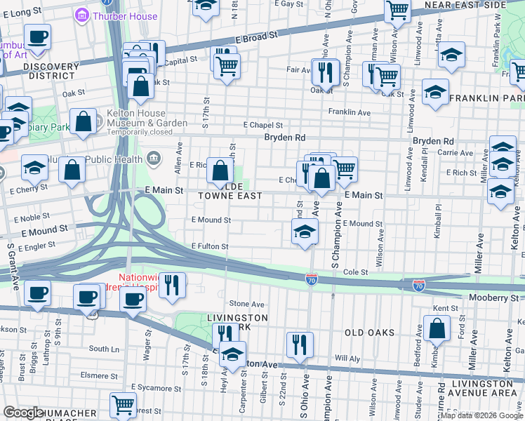 map of restaurants, bars, coffee shops, grocery stores, and more near 943 McAllister Avenue in Columbus