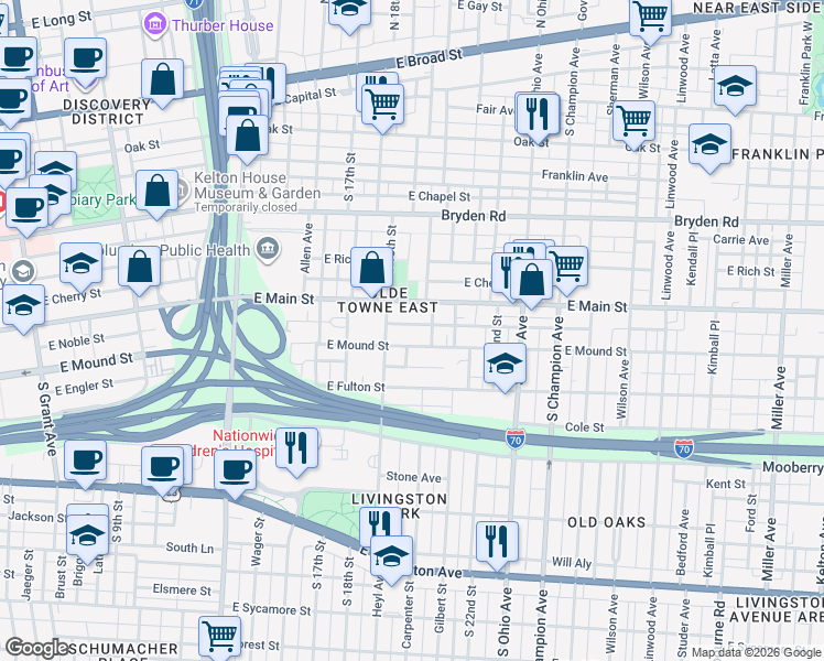 map of restaurants, bars, coffee shops, grocery stores, and more near 847 McAllister Avenue in Columbus