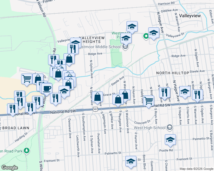 map of restaurants, bars, coffee shops, grocery stores, and more near 113 North Brinker Avenue in Columbus