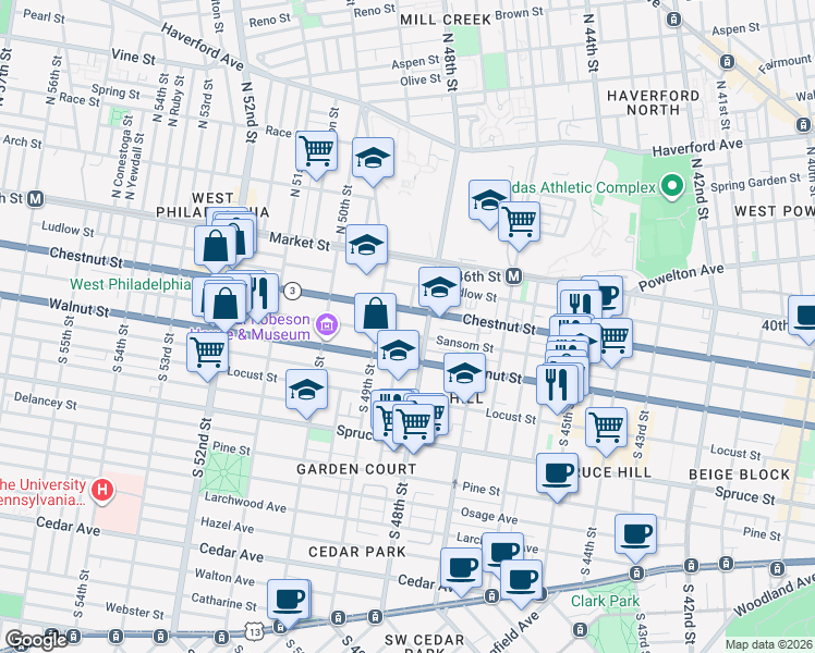 map of restaurants, bars, coffee shops, grocery stores, and more near 4800 Chestnut Street in Philadelphia