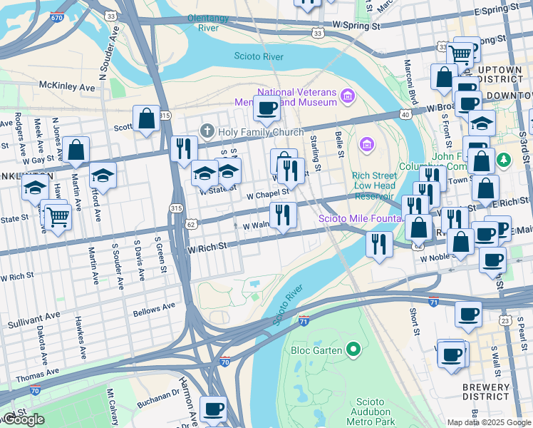 map of restaurants, bars, coffee shops, grocery stores, and more near 185 Mc Dowell Street in Columbus