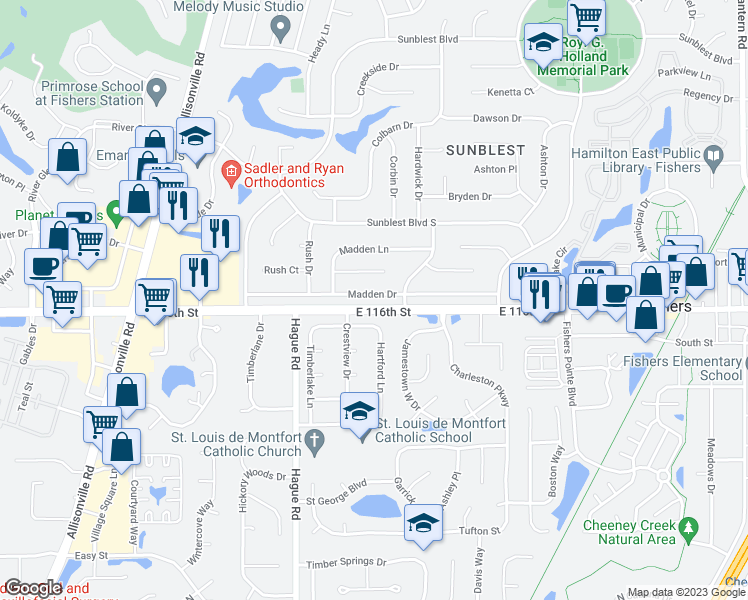 map of restaurants, bars, coffee shops, grocery stores, and more near 7669 Madden Drive in Fishers