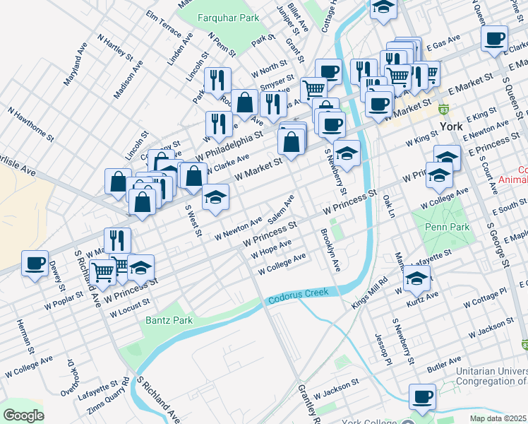 map of restaurants, bars, coffee shops, grocery stores, and more near 118 Neater Street in York