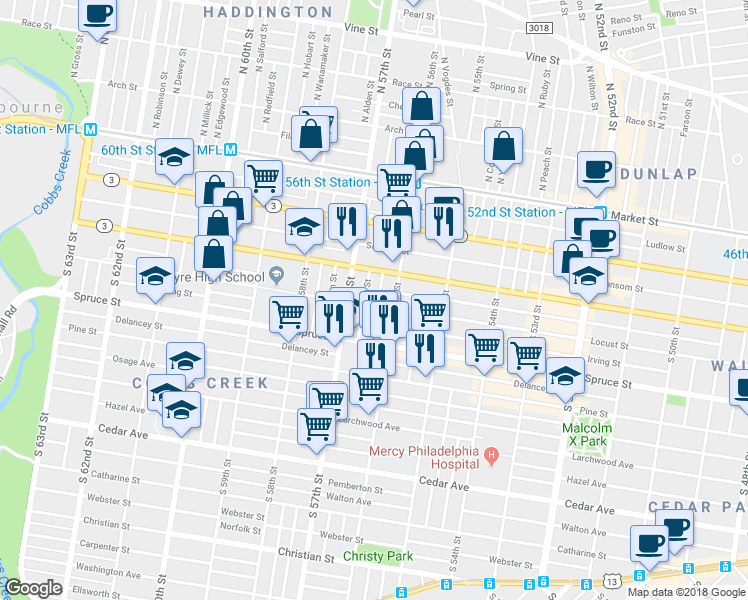 map of restaurants, bars, coffee shops, grocery stores, and more near 244 South Ithan Street in Philadelphia