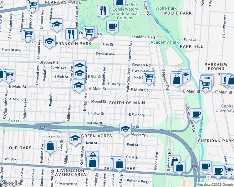 map of restaurants, bars, coffee shops, grocery stores, and more near 490 Seymour Avenue in Columbus