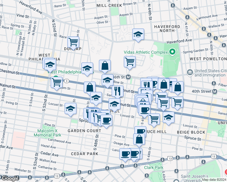 map of restaurants, bars, coffee shops, grocery stores, and more near 4714 Chestnut Street in Philadelphia