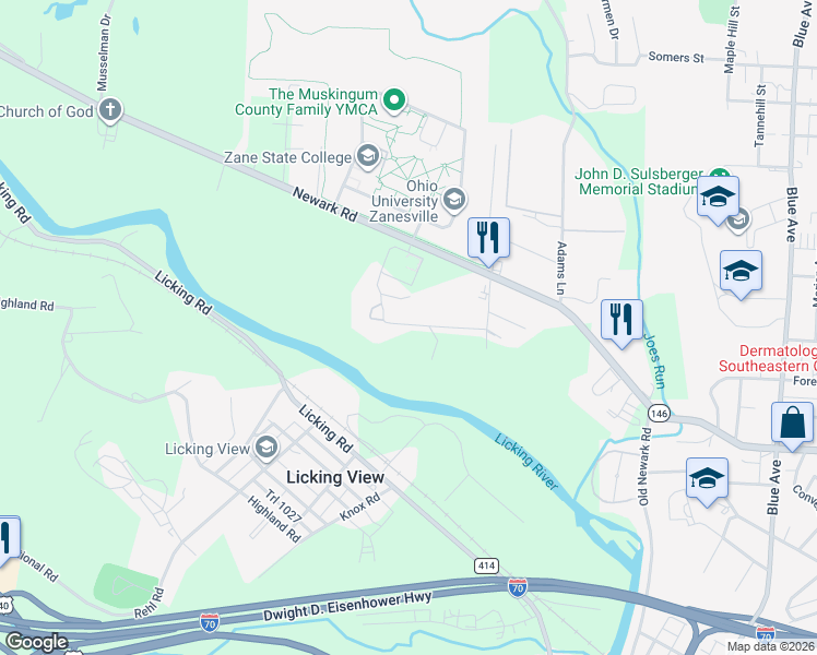 map of restaurants, bars, coffee shops, grocery stores, and more near 1446 Riverview Drive in Zanesville