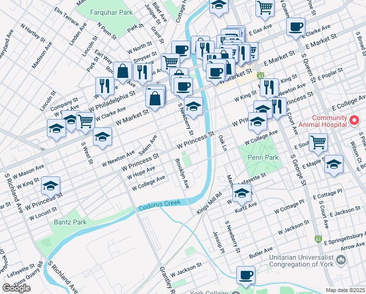 map of restaurants, bars, coffee shops, grocery stores, and more near 336 West Princess Street in York