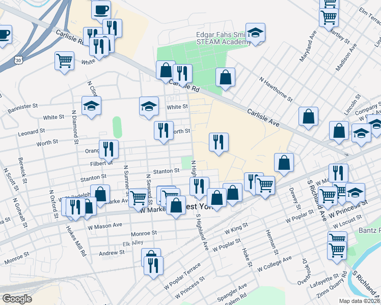 map of restaurants, bars, coffee shops, grocery stores, and more near 300 North Highland Avenue in West York