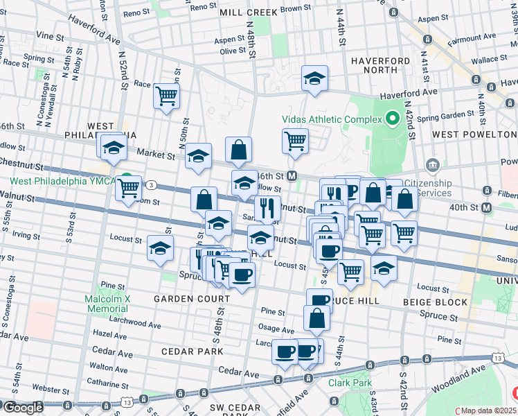 map of restaurants, bars, coffee shops, grocery stores, and more near 4712 Chestnut Street in Philadelphia