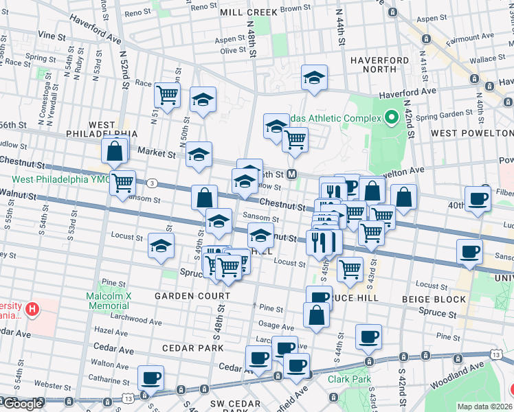 map of restaurants, bars, coffee shops, grocery stores, and more near 4712 Chestnut Street in Philadelphia