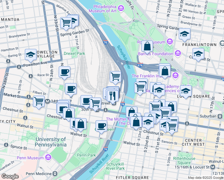 map of restaurants, bars, coffee shops, grocery stores, and more near 2929 Arch Street in Philadelphia