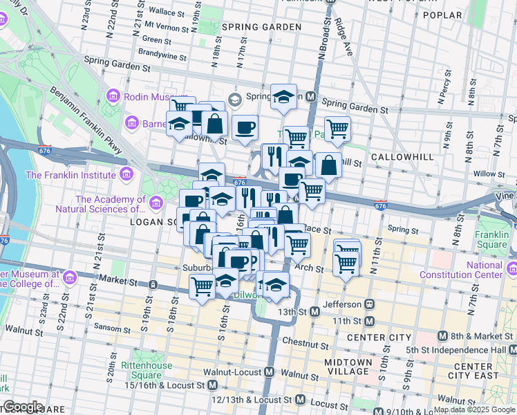 map of restaurants, bars, coffee shops, grocery stores, and more near 220 North Hicks Street in Philadelphia
