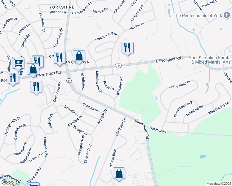 map of restaurants, bars, coffee shops, grocery stores, and more near 3130 Wheatlyn Road in York