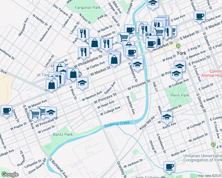 map of restaurants, bars, coffee shops, grocery stores, and more near 440 Salem Avenue in York