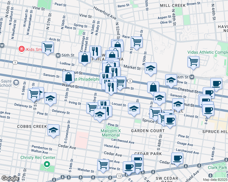 map of restaurants, bars, coffee shops, grocery stores, and more near 5151 Walnut Street in Philadelphia