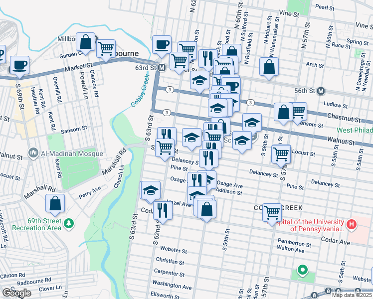 map of restaurants, bars, coffee shops, grocery stores, and more near 6117 Spruce Street in Philadelphia