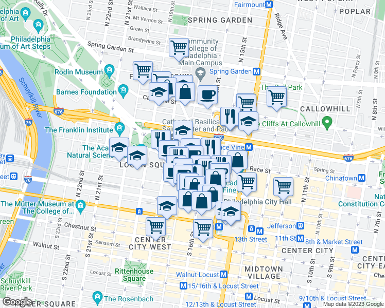 map of restaurants, bars, coffee shops, grocery stores, and more near 201 North 17th Street in Philadelphia
