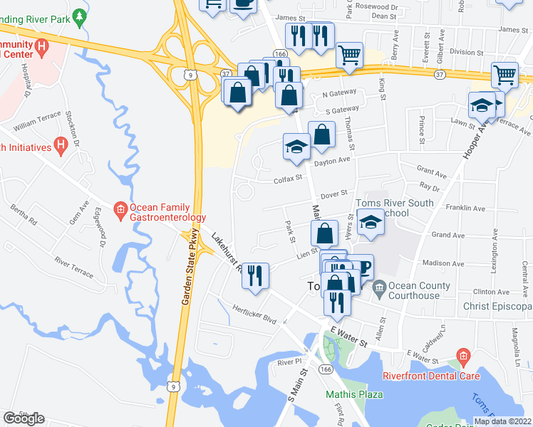 map of restaurants, bars, coffee shops, grocery stores, and more near 42 Broad Street in Toms River
