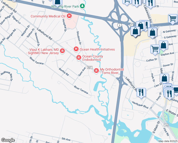 map of restaurants, bars, coffee shops, grocery stores, and more near 204 Edgewood Drive in Toms River