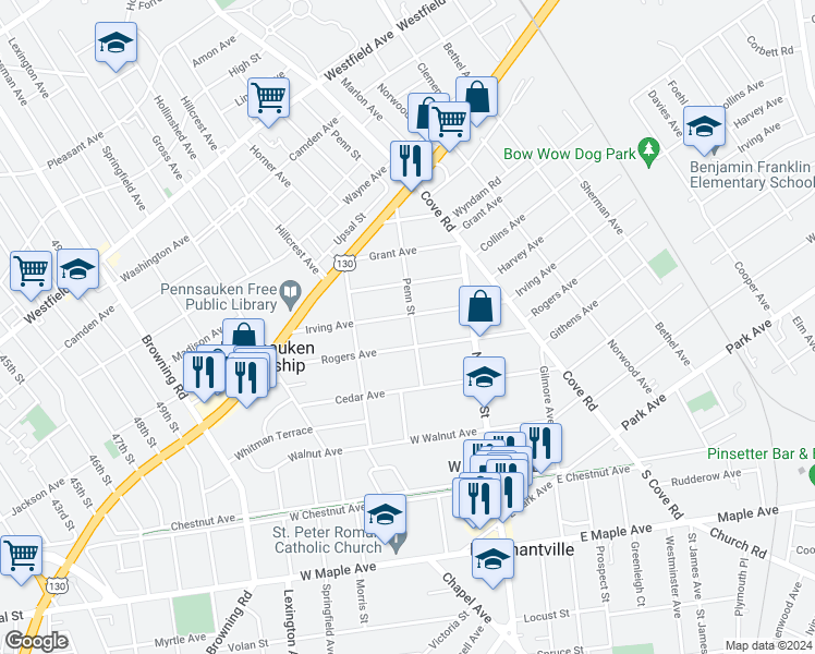map of restaurants, bars, coffee shops, grocery stores, and more near 6174 Irving Avenue in Pennsauken Township