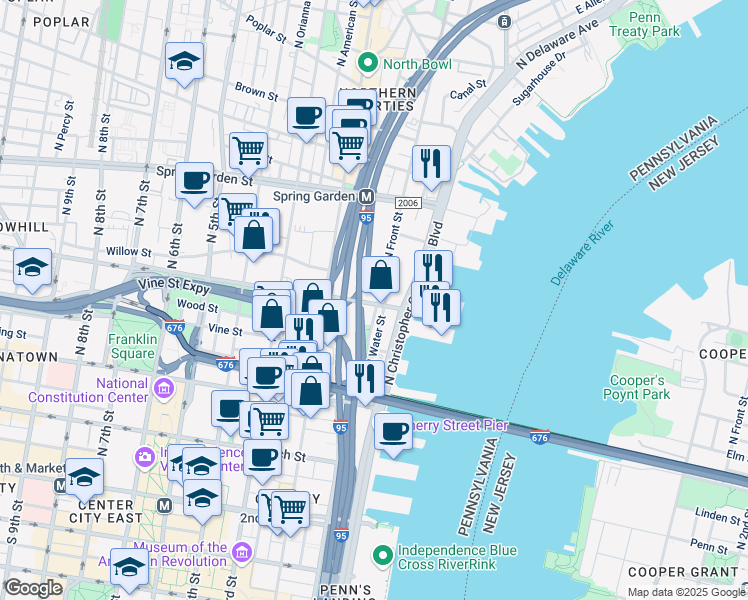 map of restaurants, bars, coffee shops, grocery stores, and more near 403 North Front Street in Philadelphia