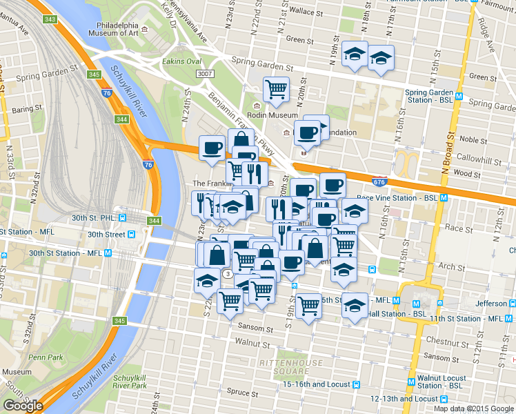 map of restaurants, bars, coffee shops, grocery stores, and more near in Philadelphia