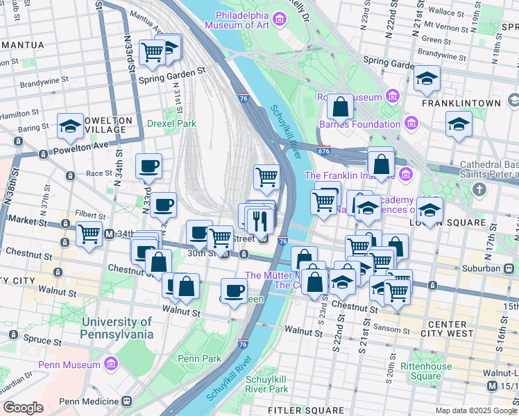 map of restaurants, bars, coffee shops, grocery stores, and more near 2979 Arch Street in Philadelphia