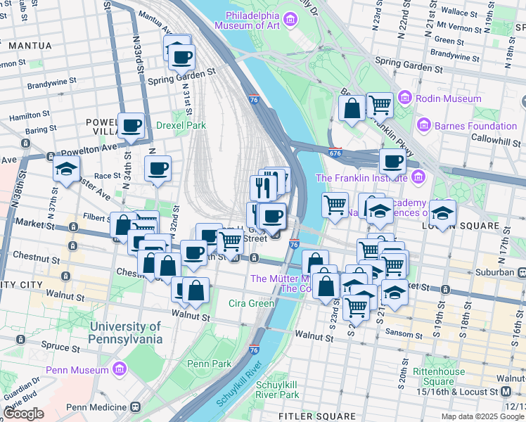 map of restaurants, bars, coffee shops, grocery stores, and more near 601 North 30th Street in Philadelphia