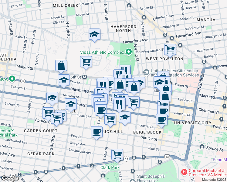 map of restaurants, bars, coffee shops, grocery stores, and more near 42 South 44th Street in Philadelphia